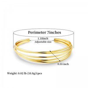 Hongde كلاسيكي بسيط متعدد-طبقة فضية-سوار مفتوح مطلي بالذهب